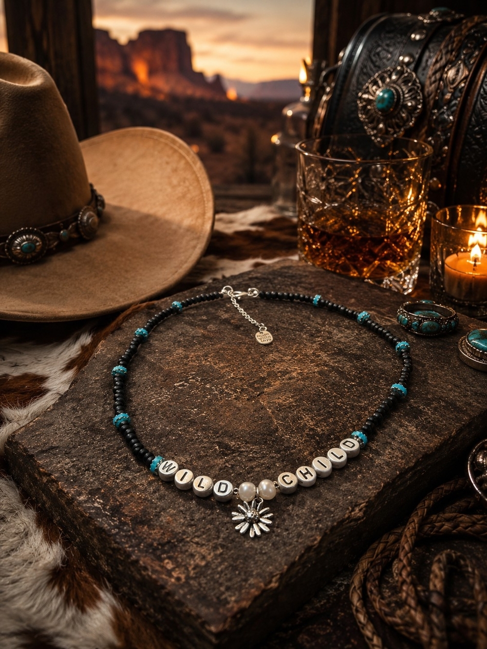 Boho Black & Turquoise 'WILD CHILD' Beaded Necklace with Daisy Charm